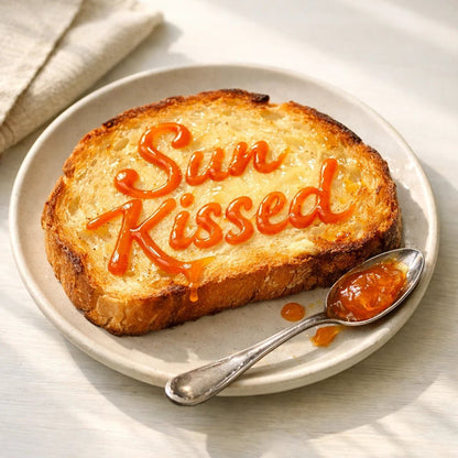 Hyper-realistic toast on a plate with handwritten sauce typography words, natural light food styling, and micro-detail realism: Sun Kissed