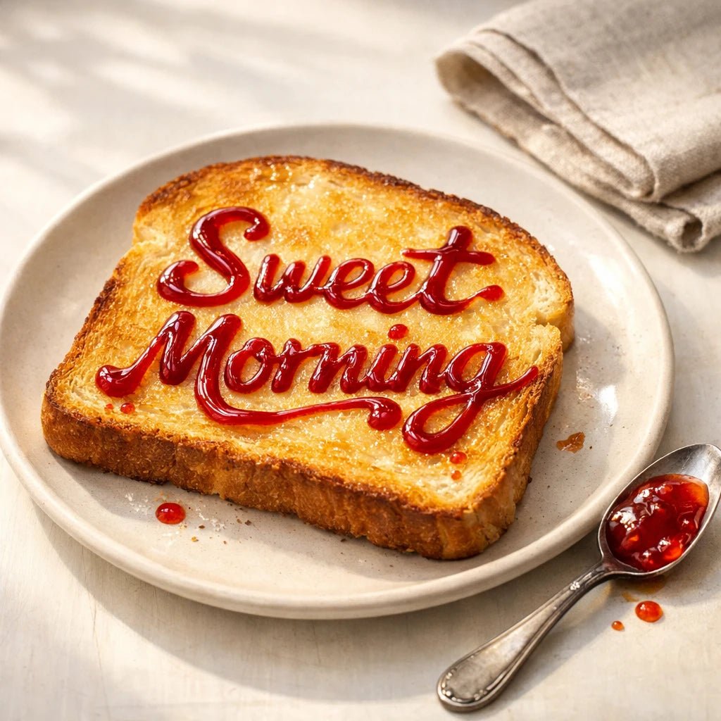 Hyper-realistic toast on a plate with handwritten sauce typography words, natural light food styling, and micro-detail realism: Sweet Morning