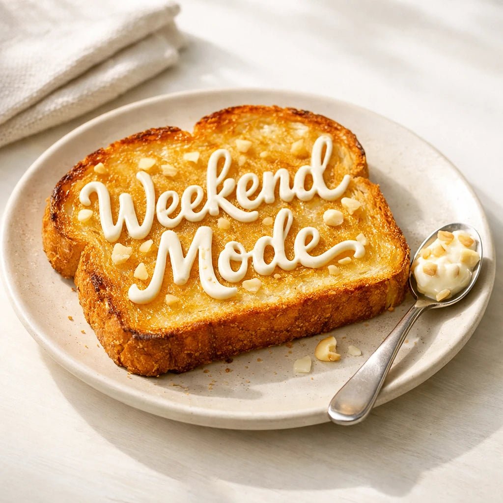 Hyper-realistic toast on a plate with handwritten sauce typography words, natural light food styling, and micro-detail realism: Weekend Mode