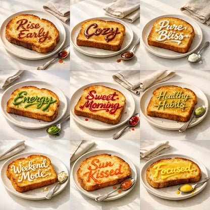 Example output from the Sauce Handwritten Artisan Toasts ChatGPT prompt: hyper-realistic toast on a plate with handwritten sauce typography words, natural light food styling, and micro-detail realism.