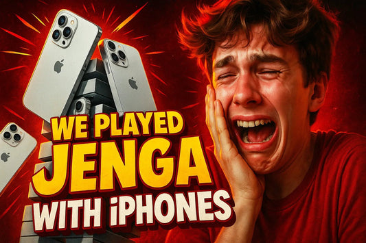 Example output from the Scrollstopping YouTube Thumbnails ChatGPT prompt: dramatic, expressive faces with bold 3D titles and cinematic colors, optimized for viral engagement and instant visual impact in thumbnail design. Jenga With Iphones.