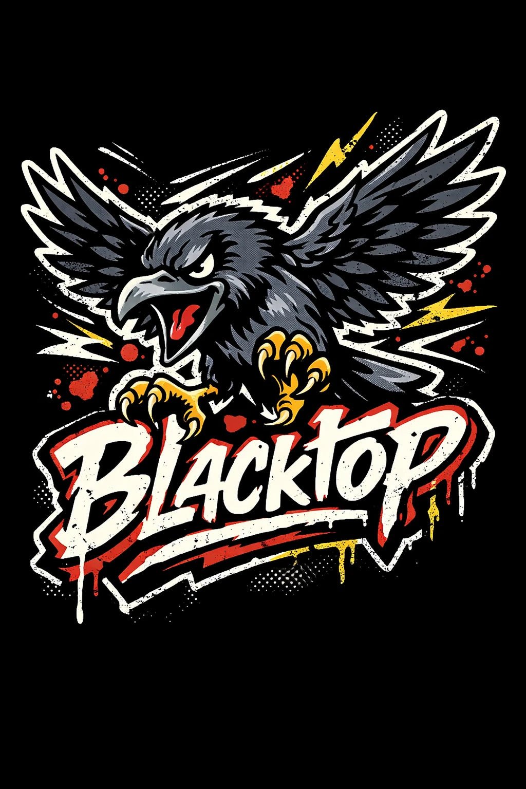 Example output from the Skate Sticker Mascot Logo Designs ChatGPT prompt: a Blacktop sticker logo with a screeching crow and dripping graffiti lettering on black.