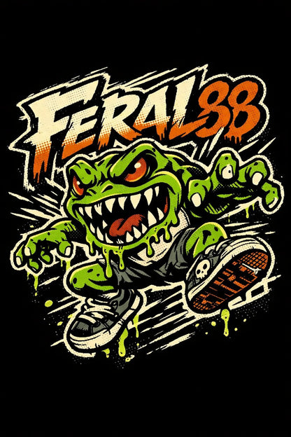 Example output from the Skate Sticker Mascot Logo Designs ChatGPT prompt: a Feral 88 skate-sticker mascot logo with gritty graffiti lettering and motion lines on black.