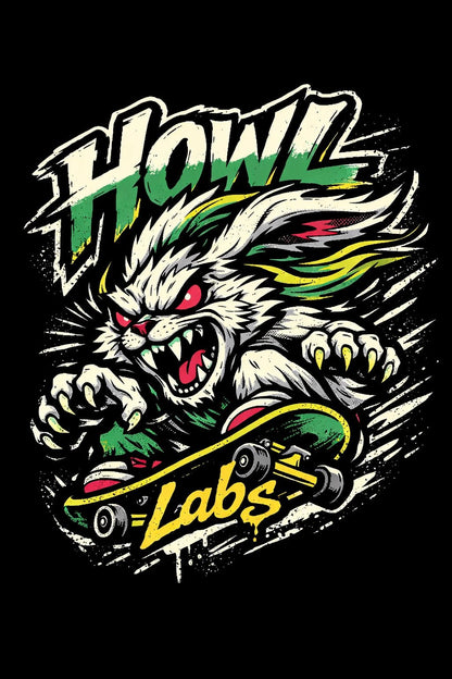 Example output from the Skate Sticker Mascot Logo Designs ChatGPT prompt: a Howl Labs sticker logo with a snarling rabbit riding a skateboard in bright green and yellow on black.