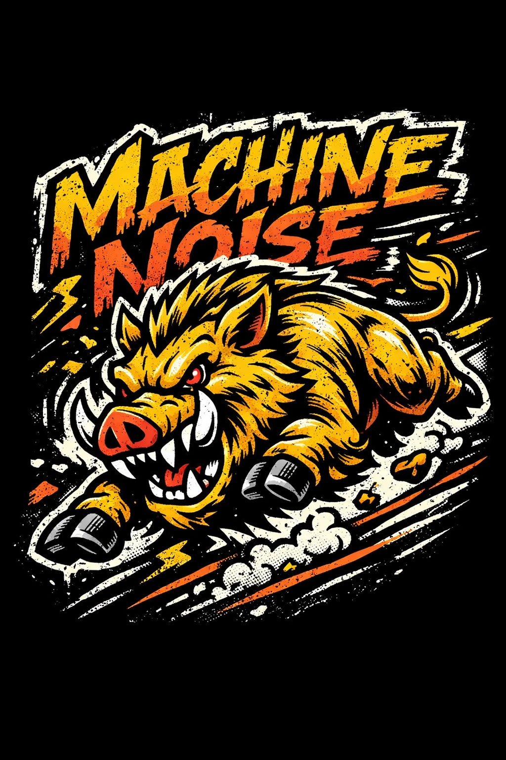 Example output from the Skate Sticker Mascot Logo Designs ChatGPT prompt: a Machine Noise sticker logo with a charging boar in orange and yellow on black.