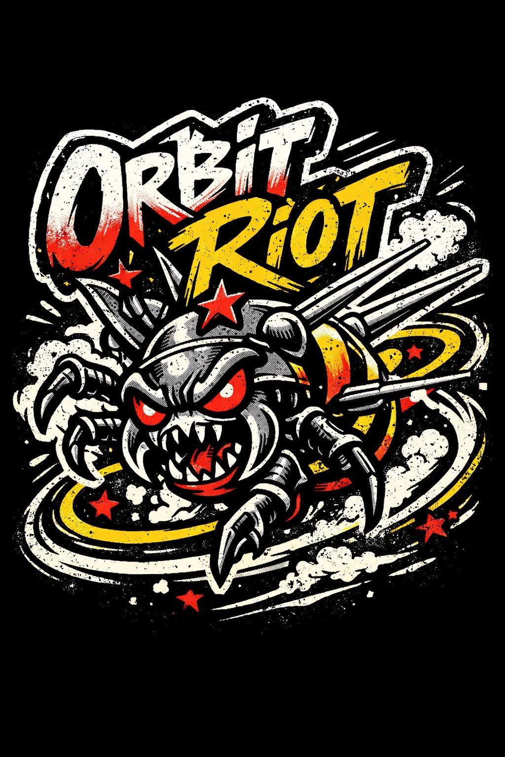 Example output from the Skate Sticker Mascot Logo Designs ChatGPT prompt: an Orbit Riot skate-sticker mascot logo with gritty graffiti lettering and motion lines on black.