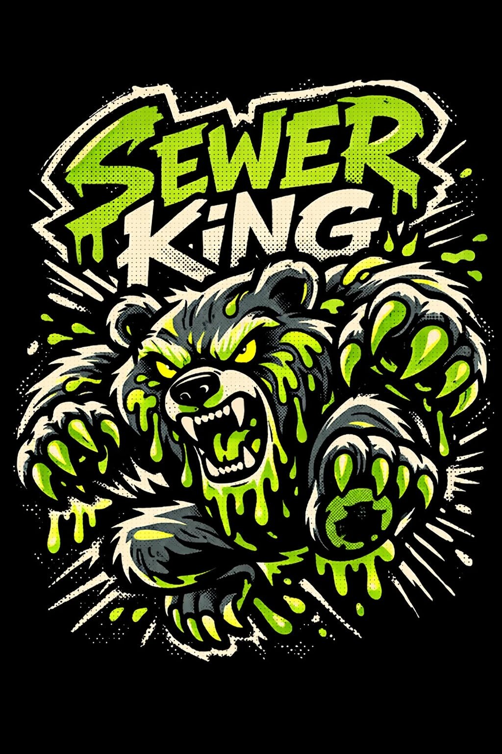 Example output from the Skate Sticker Mascot Logo Designs ChatGPT prompt: a Sewer King sticker logo with a slime-dripping bear in acid green on black.