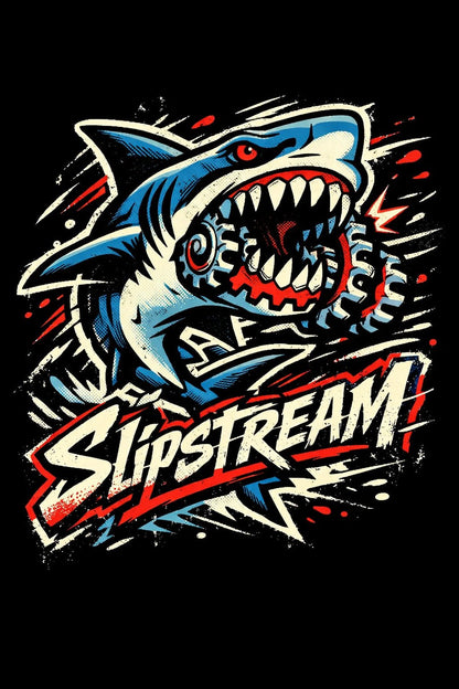 Example output from the Skate Sticker Mascot Logo Designs ChatGPT prompt: a Slipstream sticker logo with a lunging shark in blue and red speed lines on black.