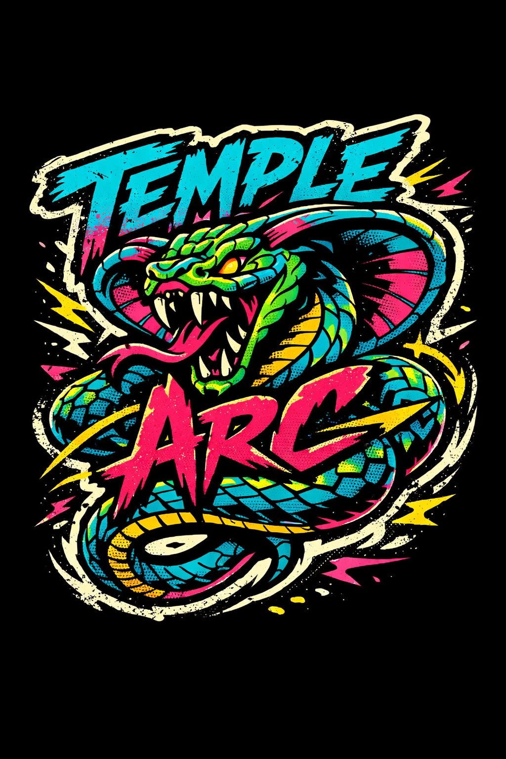 Example output from the Skate Sticker Mascot Logo Designs ChatGPT prompt: a Temple Arc sticker logo with a coiled striking snake in teal and pink on black.