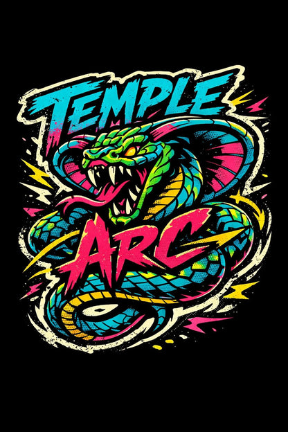 Example output from the Skate Sticker Mascot Logo Designs ChatGPT prompt: a Temple Arc sticker logo with a coiled striking snake in teal and pink on black.