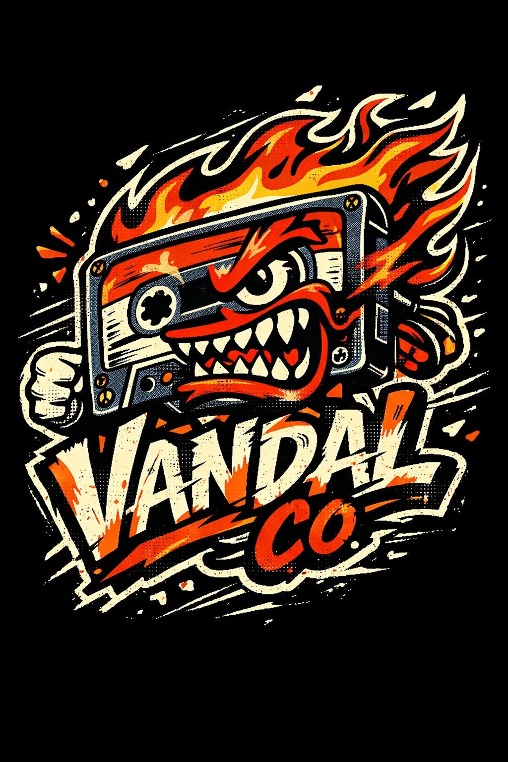 Example output from the Skate Sticker Mascot Logo Designs ChatGPT prompt: a Vandal Co. skate-sticker mascot logo with gritty graffiti lettering and motion lines on black.