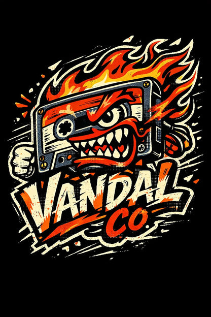 Example output from the Skate Sticker Mascot Logo Designs ChatGPT prompt: a Vandal Co. skate-sticker mascot logo with gritty graffiti lettering and motion lines on black.