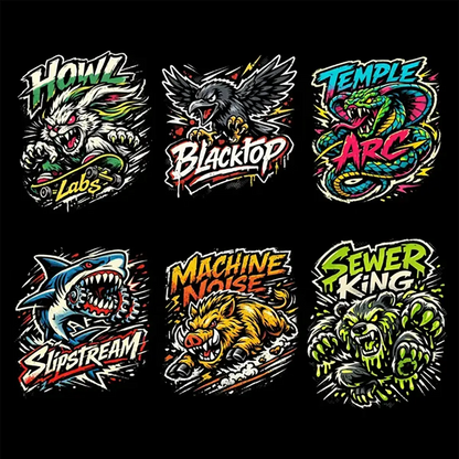 Example output from the Skate Sticker Mascot Logo Designs ChatGPT prompt: a six-logo grid of gritty skate-sticker mascots on black, reading Howl Labs, Blacktop, Temple Arc, Slipstream, Machine Noise and Sewer King.