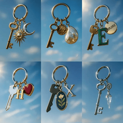 Example output from the Sky Floating Keychain CGI ChatGPT prompt: realistic 3D keychains suspended mid-air, rendered in sunlit skies with soft bokeh, metallic reflections, and varied charms like hearts, initials, and crystals.