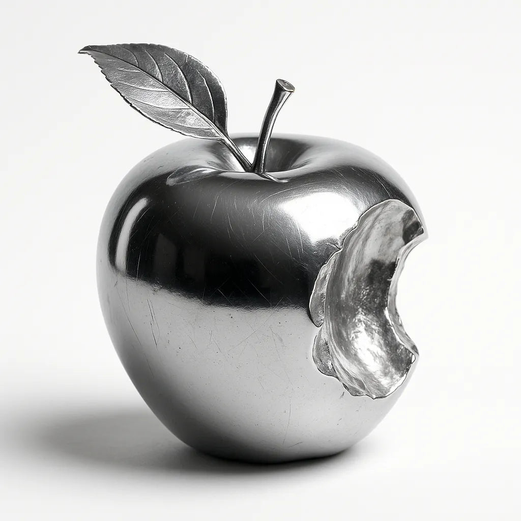 Example output of sleek chrome luxury object photo generated by a ChatGPT prompt template, featuring a bitten apple.