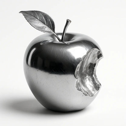 Example output of sleek chrome luxury object photo generated by a ChatGPT prompt template, featuring a bitten apple.