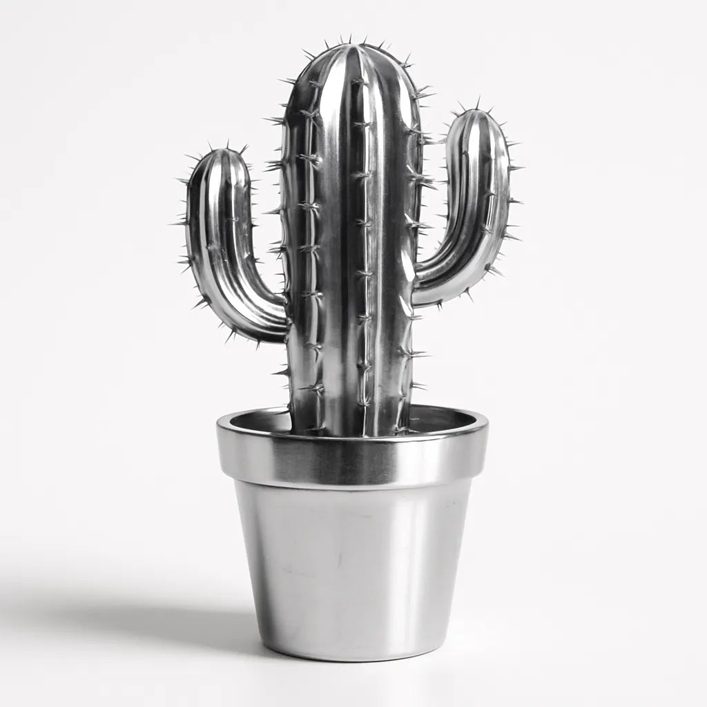 Example output of sleek chrome luxury object photo generated by a ChatGPT prompt template, featuring a cactus.