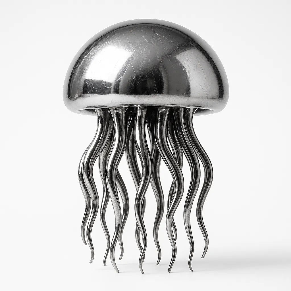 Example output of sleek chrome luxury object photo generated by a ChatGPT prompt template, featuring a jellyfish.