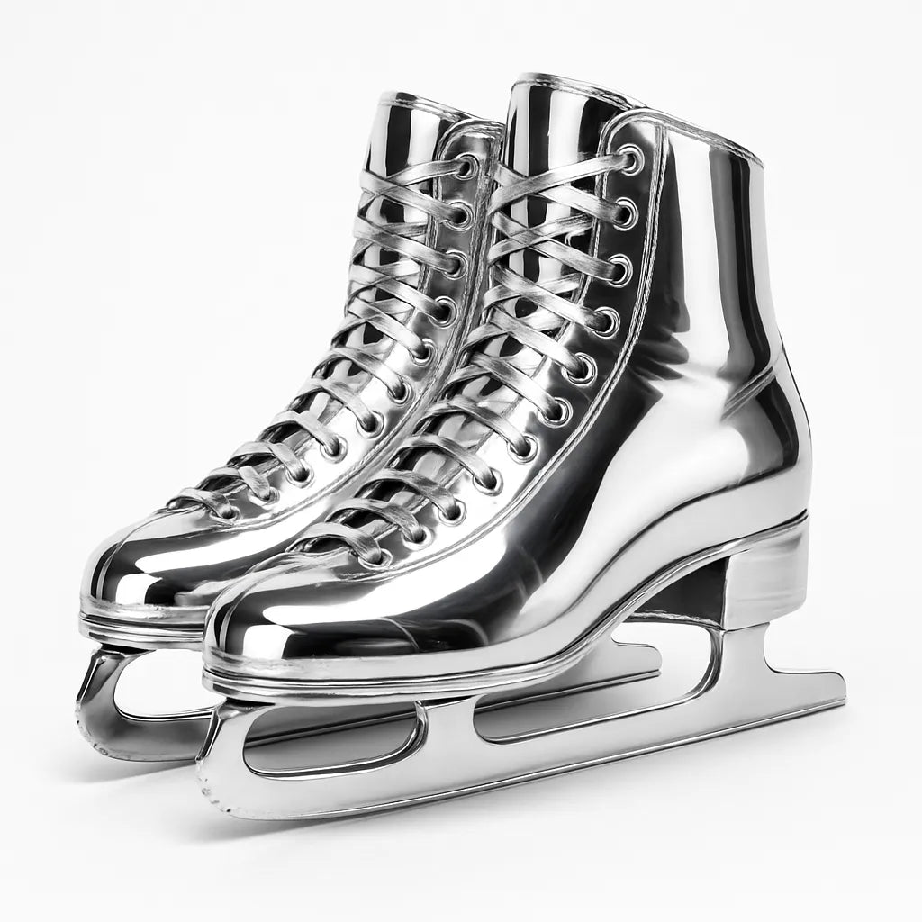 Example output of sleek chrome luxury object photo generated by a ChatGPT prompt template, featuring a pair of skates.