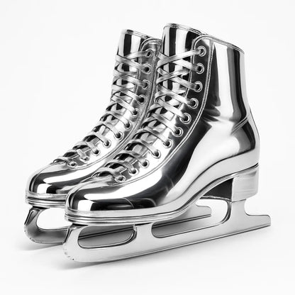 Example output of sleek chrome luxury object photo generated by a ChatGPT prompt template, featuring a pair of skates.