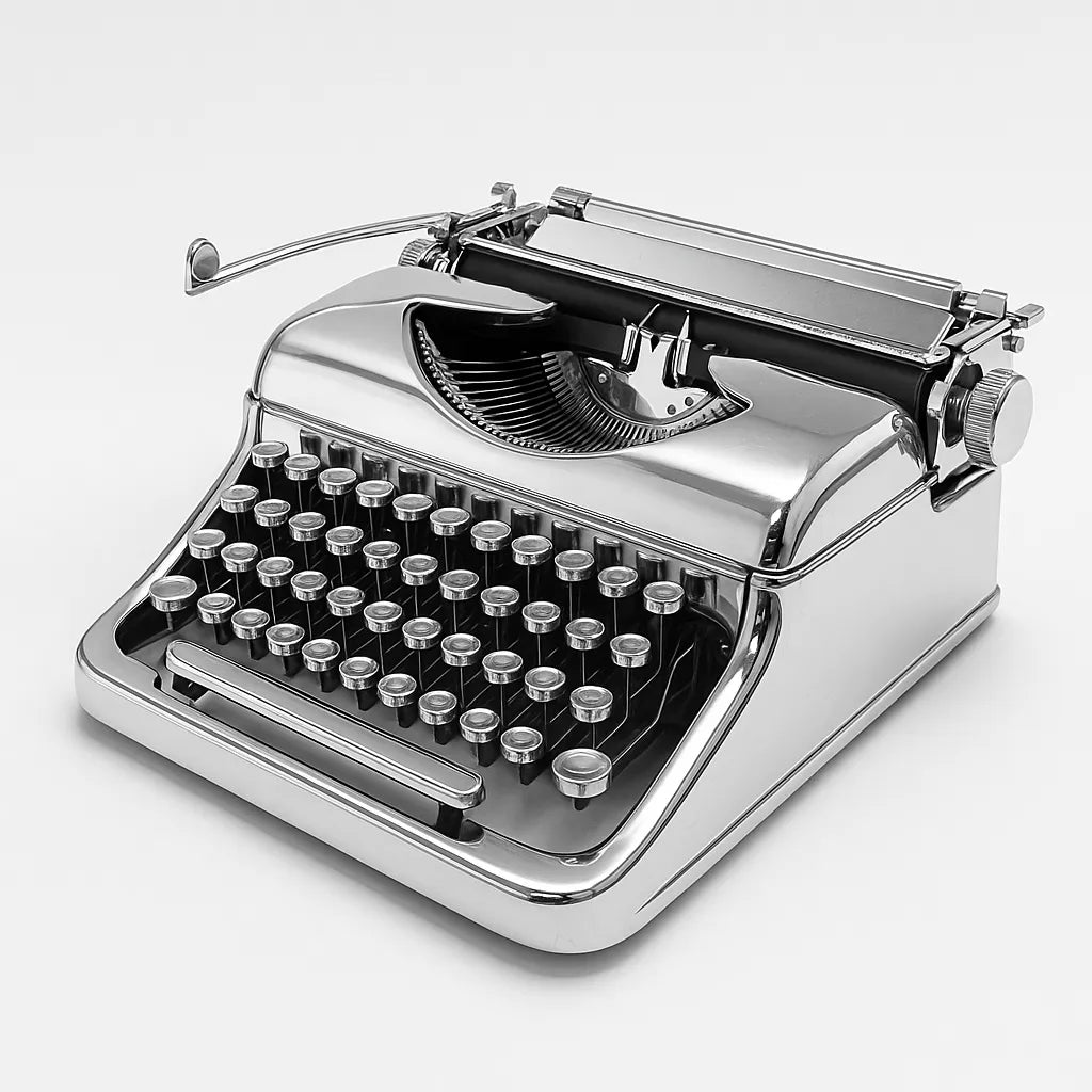 Example output of sleek chrome luxury object photo generated by a ChatGPT prompt template, featuring a typewriter.