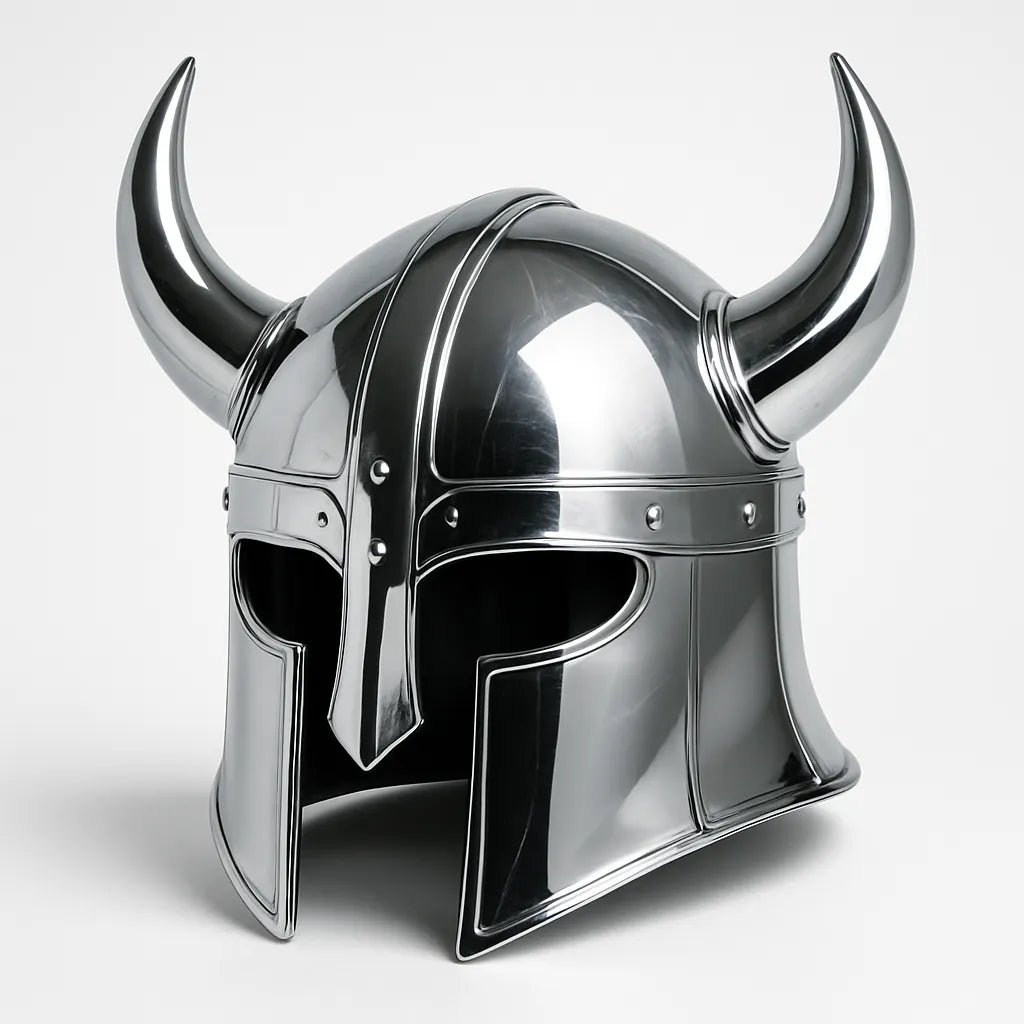 Example output of sleek chrome luxury object photo generated by a ChatGPT prompt template, featuring a warrior helmet.
