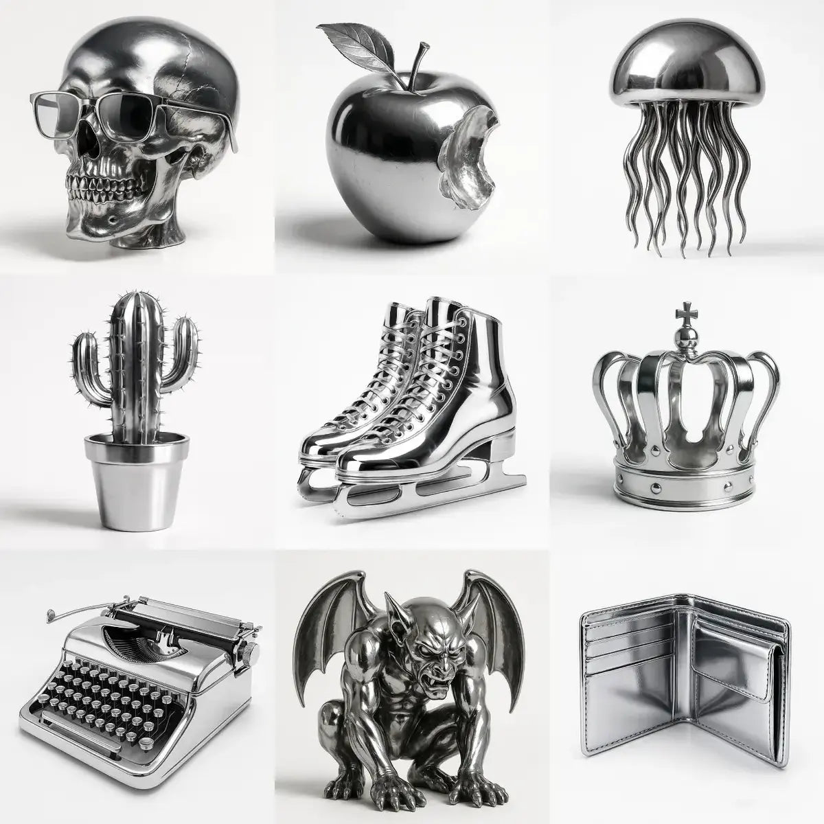 Example output of sleek chrome luxury object photos generated by a ChatGPT prompt template, featuring a reflective skull with sunglasses, bitten chrome apple, metallic jellyfish, polished cactus in pot, ice skates, ornate crown, vintage typewriter, crouching gargoyle statue, and a glossy wallet—each rendered in high-gloss chrome on a clean white background.