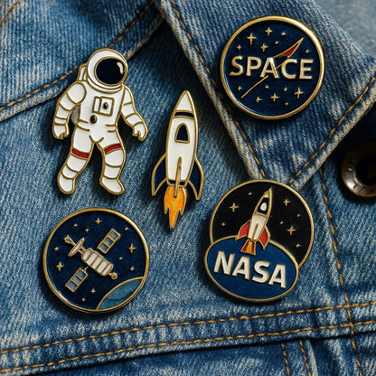 Example output from the Small Pin Sets On Real Objects ChatGPT prompt: curated enamel pin set. Nasa.