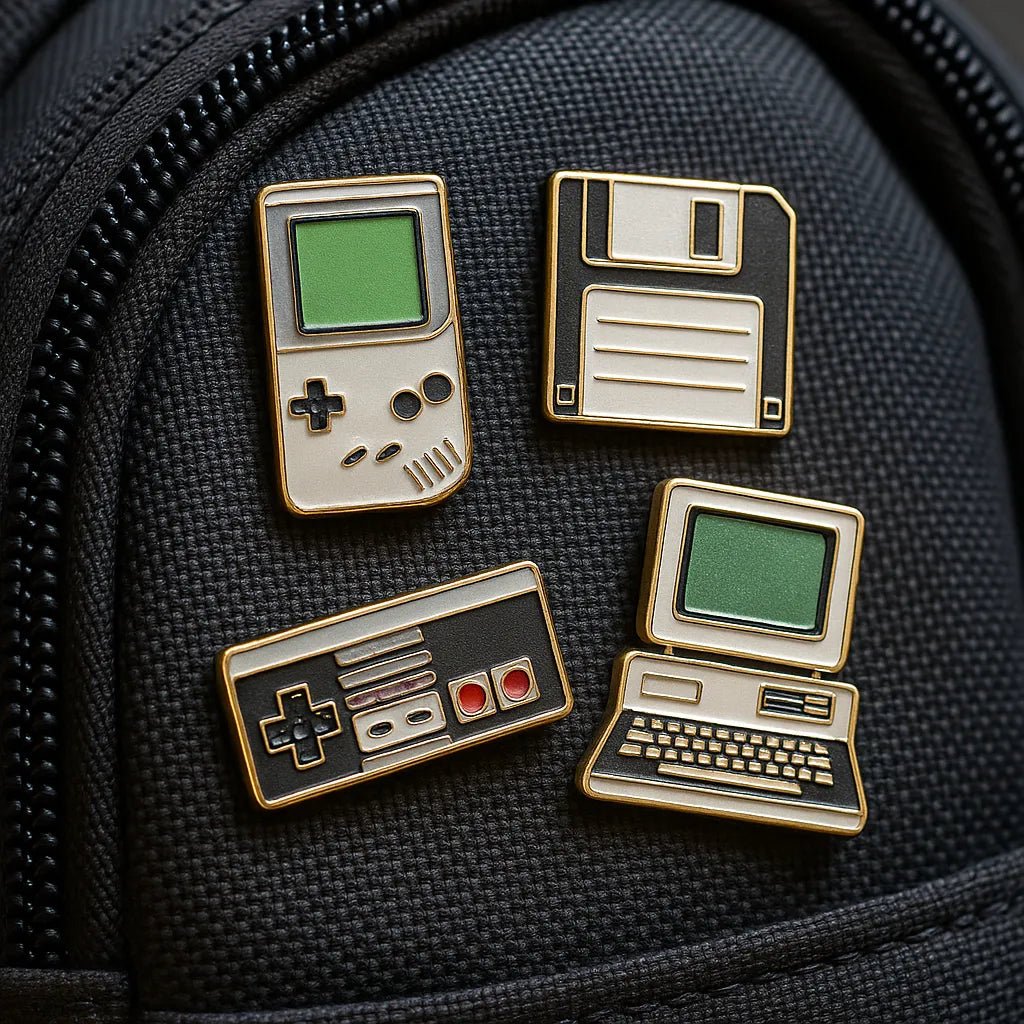 Example output from the Small Pin Sets On Real Objects ChatGPT prompt: curated enamel pin set. Vintage Gaming.