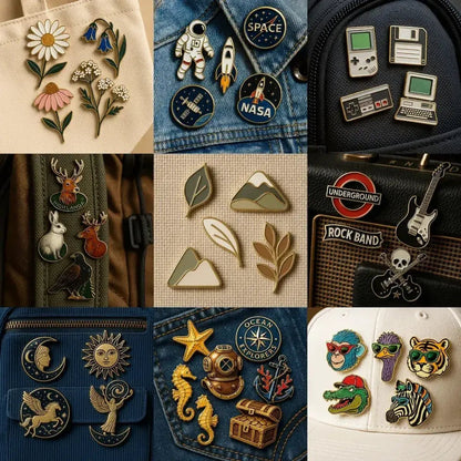 Example output from the Small Pin Sets On Real Objects ChatGPT prompt: curated enamel pin sets displayed on denim, paper, and fabric surfaces, featuring sharp metallic highlights and realistic product-style photography.