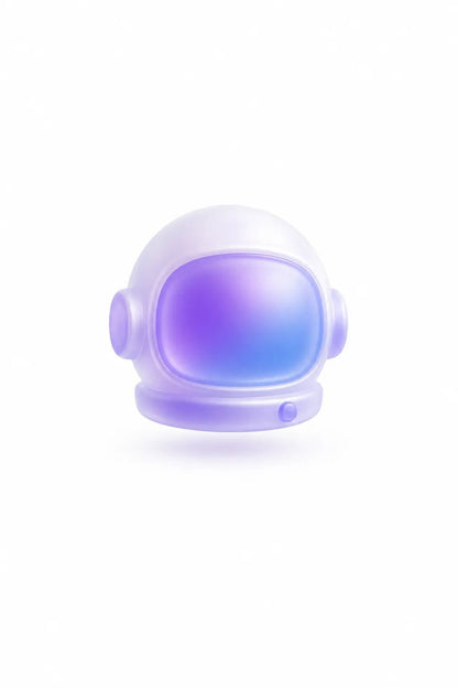 Example output from the Soft Frosted Glass Icon Objects ChatGPT prompt: a frosted glass 3D icon of an astronaut helmet with a purple gradient visor on white.