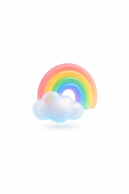 Example output from the Soft Frosted Glass Icon Objects ChatGPT prompt: a frosted glass 3D icon of a rainbow above a cloud in pastel tones on white.