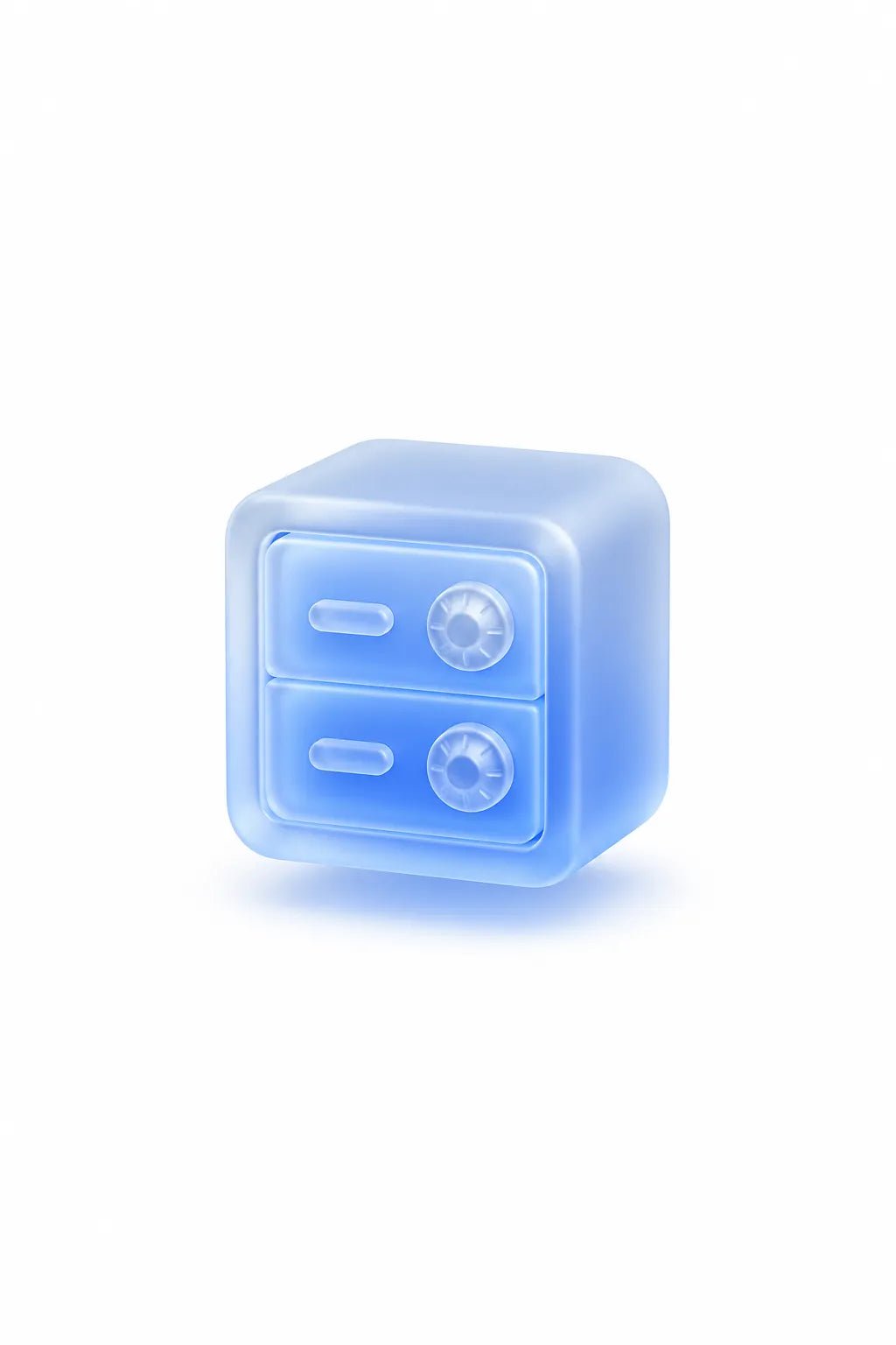 Example output from the Soft Frosted Glass Icon Objects ChatGPT prompt: a frosted glass 3D icon of a blue secure safe box with two dials on white.