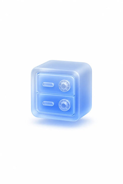Example output from the Soft Frosted Glass Icon Objects ChatGPT prompt: a frosted glass 3D icon of a blue secure safe box with two dials on white.