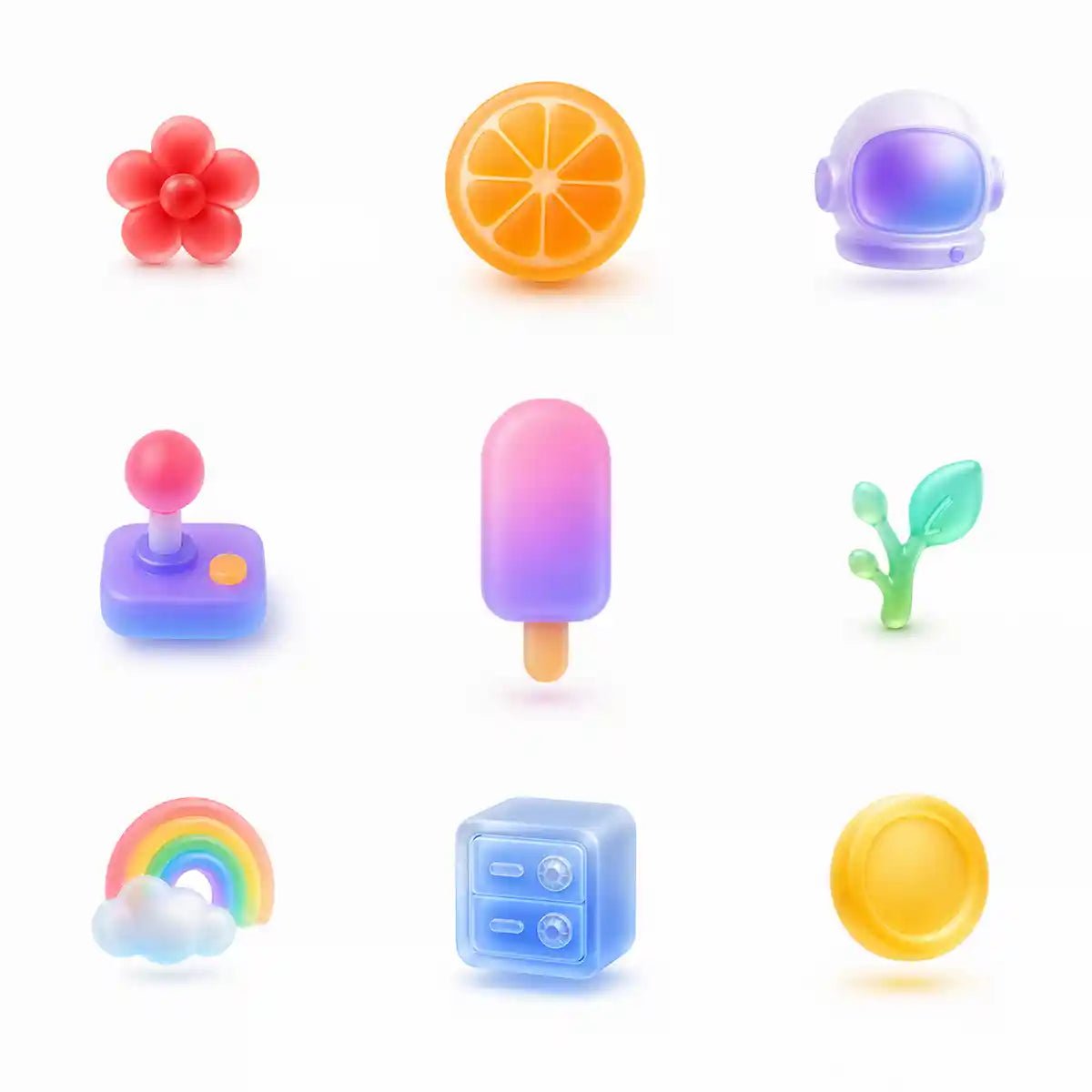 Example output from the Soft Frosted Glass Icon Objects ChatGPT prompt: a nine-icon grid of frosted glass 3D objects on white, showing a flower, orange slice, astronaut helmet, joystick, popsicle, sprout, rainbow, safe box and coin.