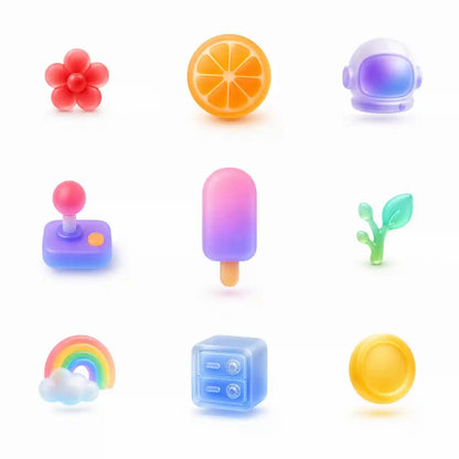 Example output from the Soft Frosted Glass Icon Objects ChatGPT prompt: a nine-icon grid of frosted glass 3D objects on white, showing a flower, orange slice, astronaut helmet, joystick, popsicle, sprout, rainbow, safe box and coin.