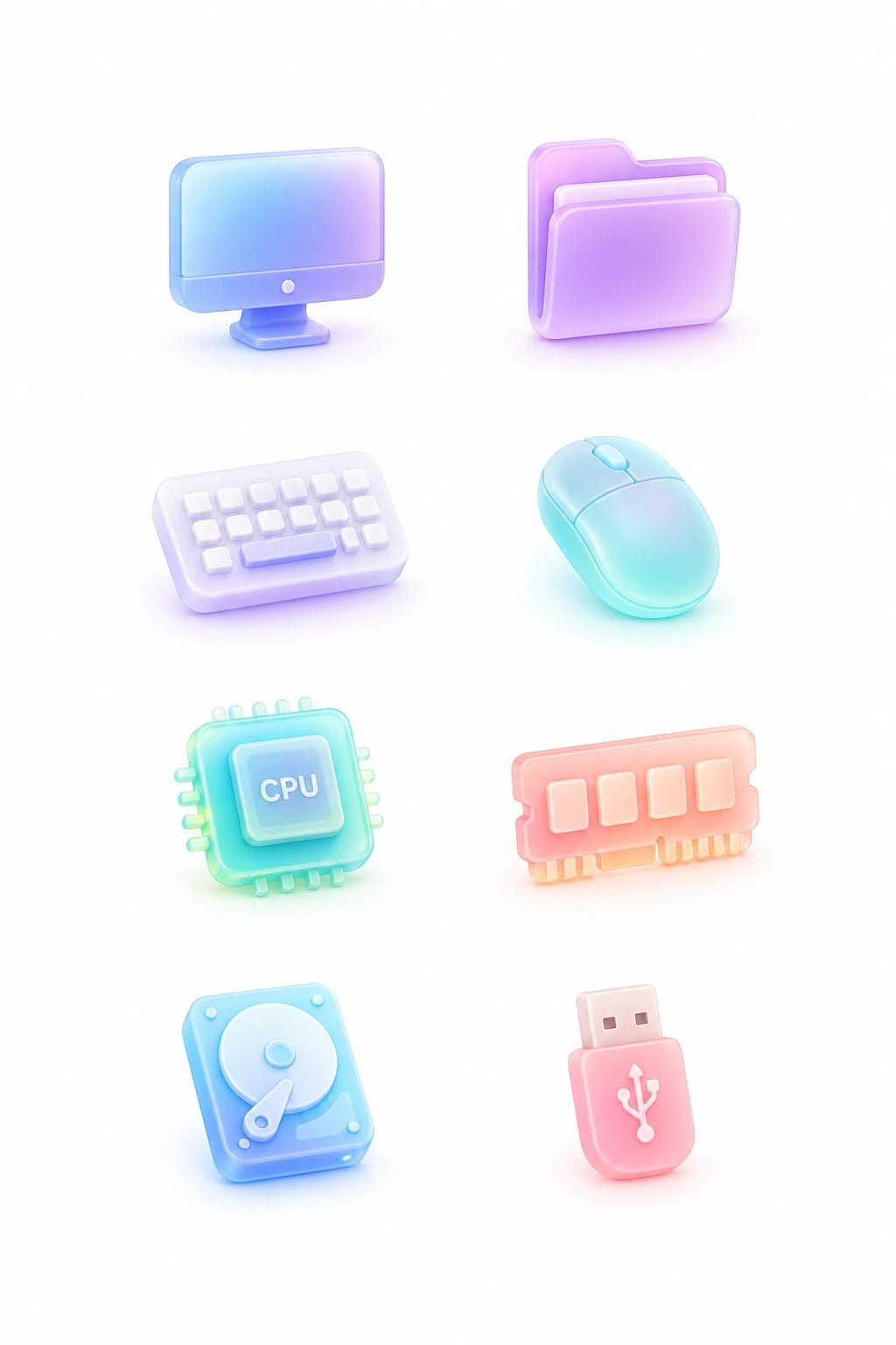 Example output from the Soft Glass 3D Icon Packs ChatGPT prompt: a computer hardware icon set in pastel soft glass, with monitor, folder, keyboard, mouse, CPU, RAM, hard drive and USB stick.