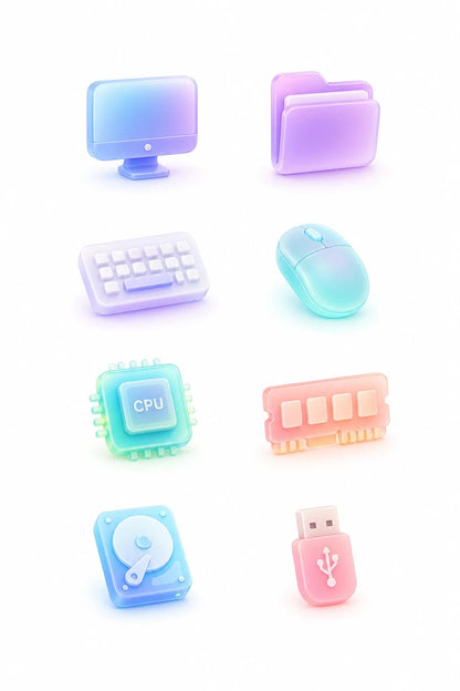 Example output from the Soft Glass 3D Icon Packs ChatGPT prompt: a computer hardware icon set in pastel soft glass, with monitor, folder, keyboard, mouse, CPU, RAM, hard drive and USB stick.