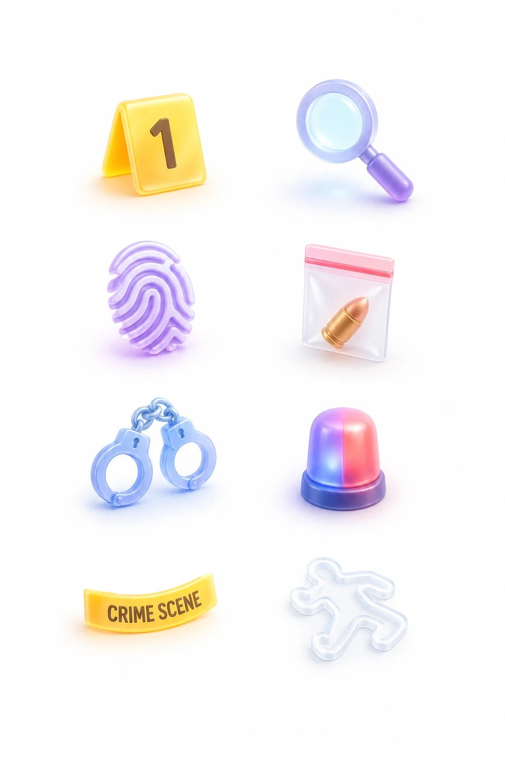 Example output from the Soft Glass 3D Icon Packs ChatGPT prompt: a crime scene signs icon set in pastel soft glass with consistent lighting, spacing and material control.