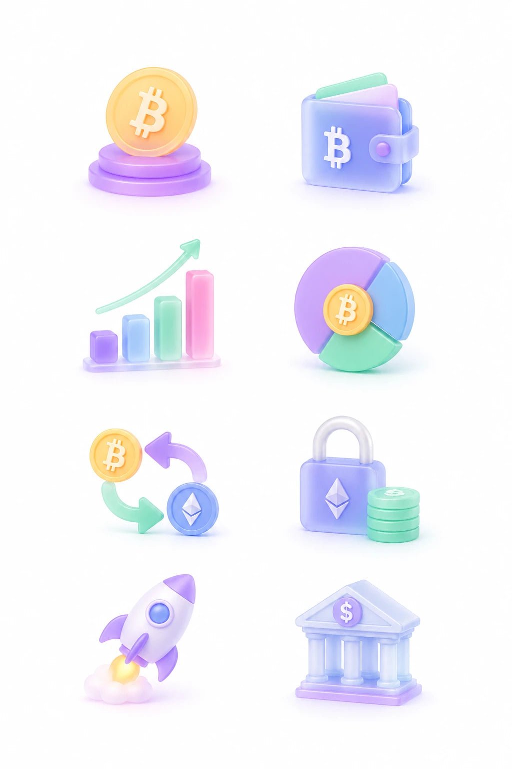 Example output from the Soft Glass 3D Icon Packs ChatGPT prompt: a crypto finance icon set in pastel soft glass, with bitcoin, wallet, growth chart, pie chart, swap arrows, lock, rocket and bank.