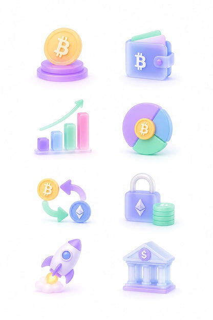 Example output from the Soft Glass 3D Icon Packs ChatGPT prompt: a crypto finance icon set in pastel soft glass, with bitcoin, wallet, growth chart, pie chart, swap arrows, lock, rocket and bank.