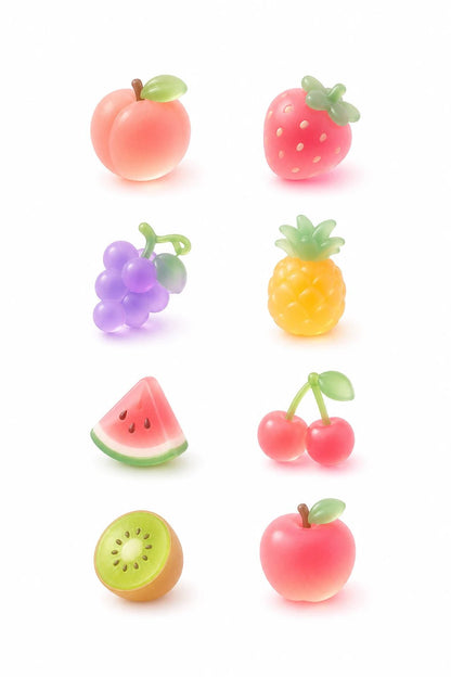 Example output from the Soft Glass 3D Icon Packs ChatGPT prompt: a cute fruits icon set in pastel soft glass, with peach, strawberry, grapes, pineapple, watermelon, cherries, kiwi and apple.