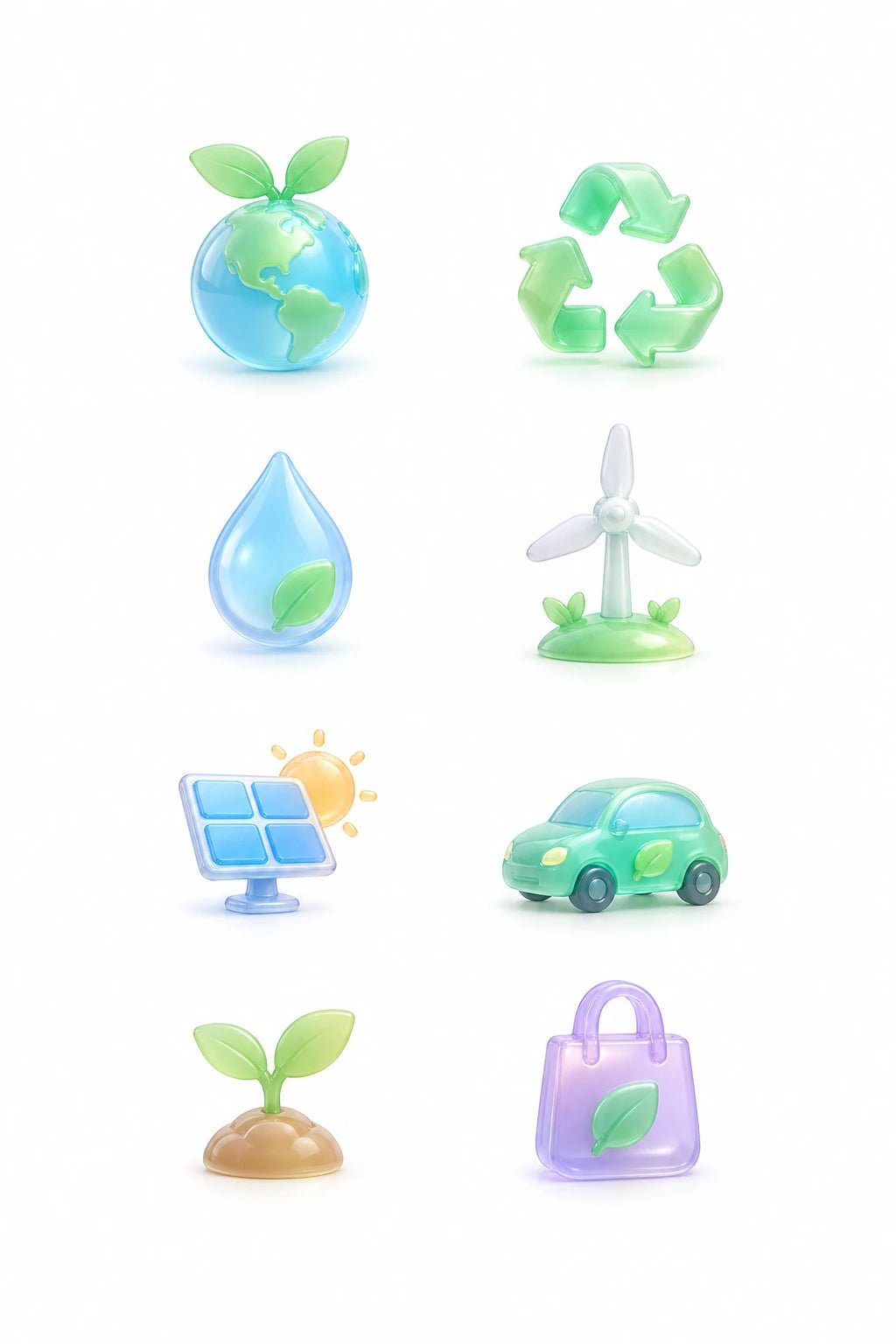 Example output from the Soft Glass 3D Icon Packs ChatGPT prompt: an eco and sustainability icon set in pastel soft glass with consistent lighting, spacing and material control.