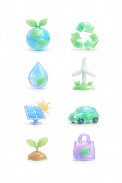 Example output from the Soft Glass 3D Icon Packs ChatGPT prompt: an eco and sustainability icon set in pastel soft glass with consistent lighting, spacing and material control.
