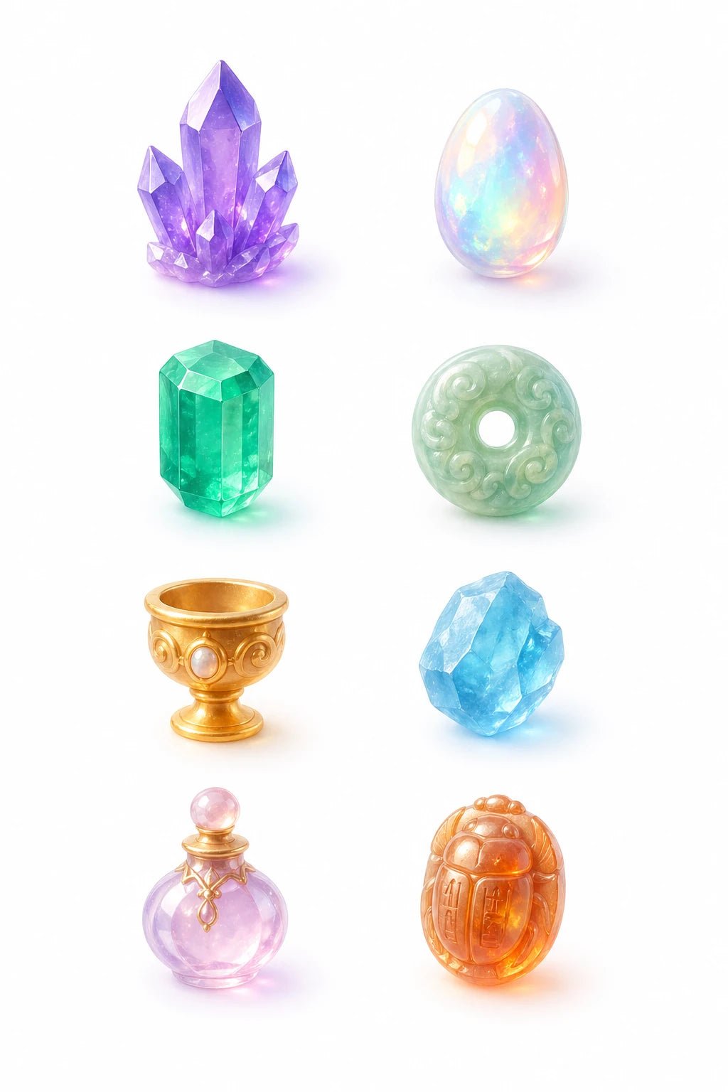 Example output from the Soft Glass 3D Icon Packs ChatGPT prompt: a gemstones icon set in pastel soft glass, with amethyst cluster, opal, emerald, jade ring, chalice, blue crystal and amber scarab.