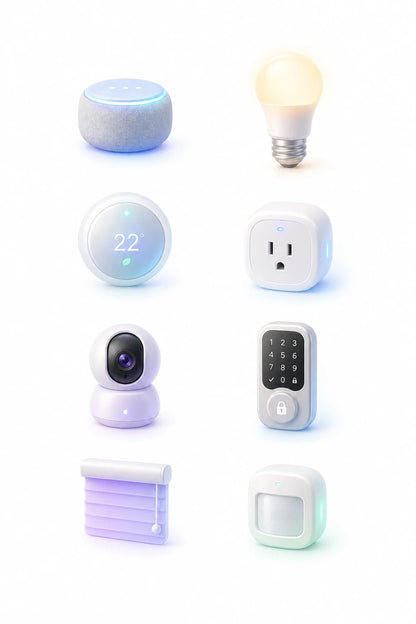 Example output from the Soft Glass 3D Icon Packs ChatGPT prompt: a smart home devices icon set in pastel soft glass, with speaker, bulb, thermostat, smart plug, camera, door lock, blind and sensor.