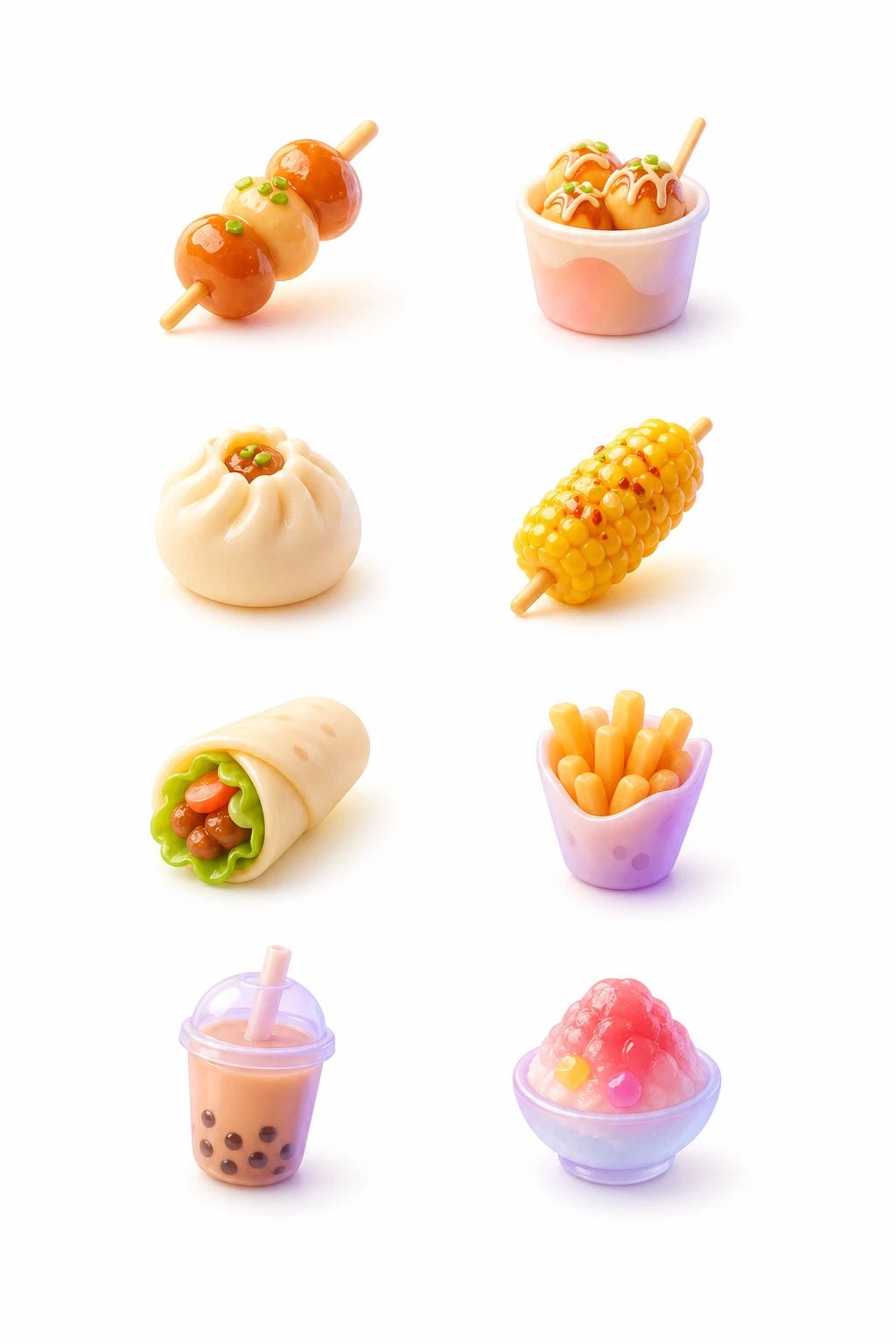 Example output from the Soft Glass 3D Icon Packs ChatGPT prompt: a street food icon set in pastel soft glass, with dango skewers, bao bun, corn, burrito, fries, bubble tea and shaved ice.