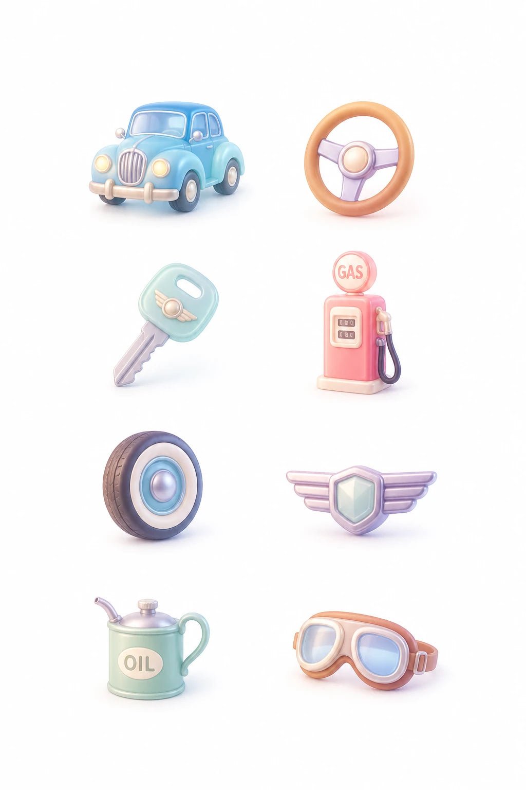 Example output from the Soft Glass 3D Icon Packs ChatGPT prompt: a vintage cars icon set in pastel soft glass with consistent lighting, spacing and material control.