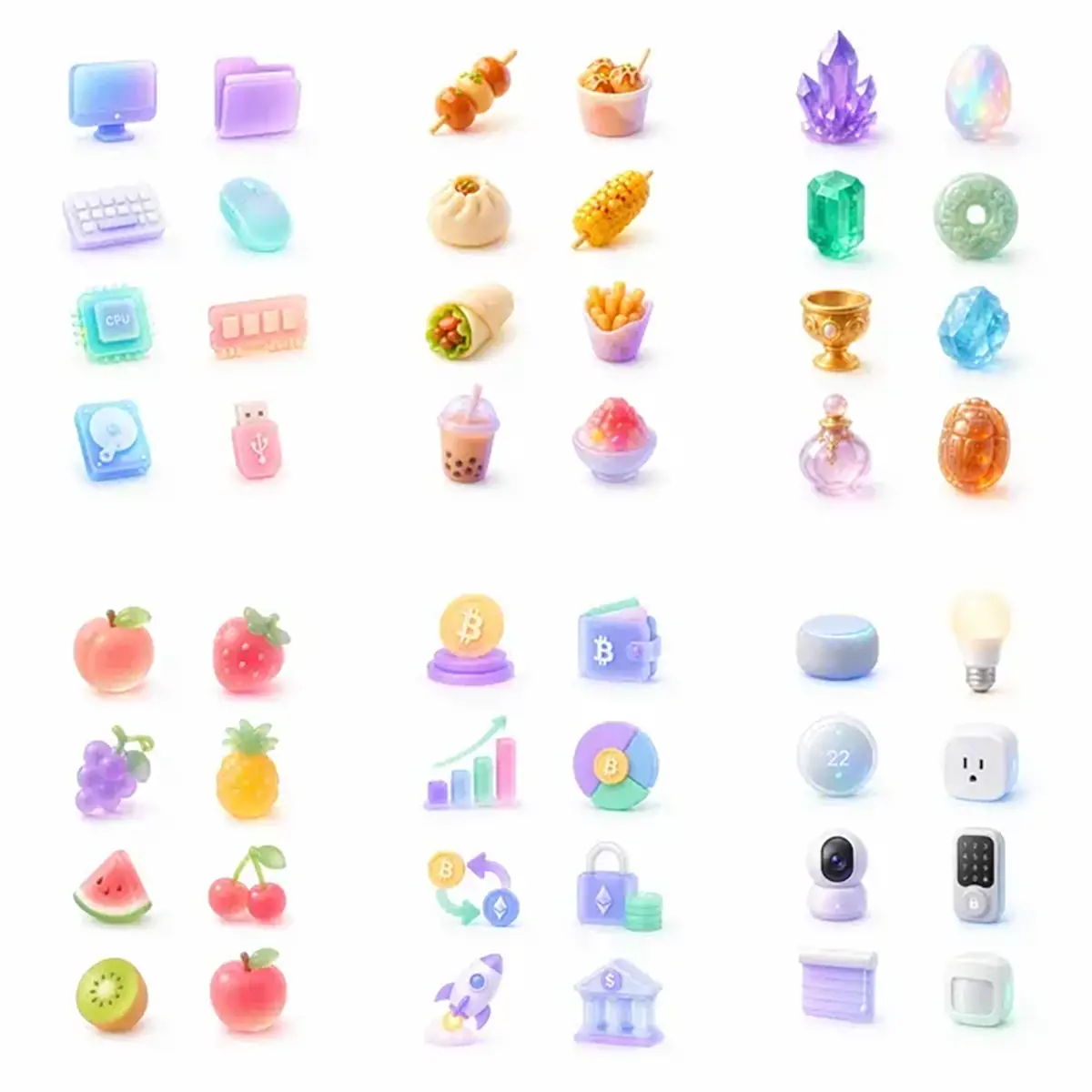 Example output from the Soft Glass 3D Icon Packs ChatGPT prompt: six pastel soft glass 3D icon sets on white, covering computer hardware, street food, gemstones, cute fruits, crypto finance and smart home devices.