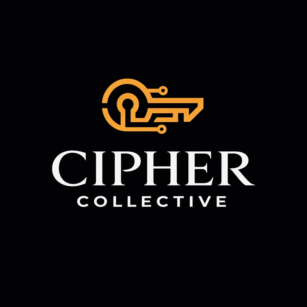 Sophisticated brand logo concept on black background featuring minimalist symbol, balanced typography, and premium identity design: CIPHER COLLECTIVE